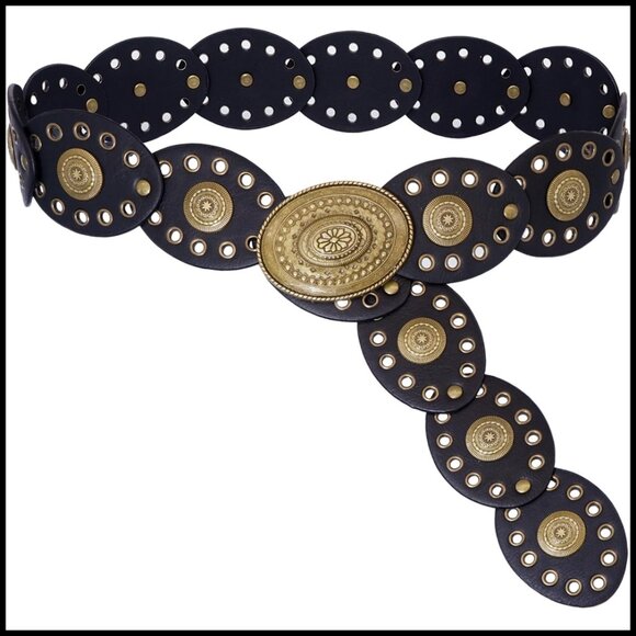 Wide Leather Concho Belt Boho Western Disc Link Adjustable Vintage Cowboy Style main image 4
